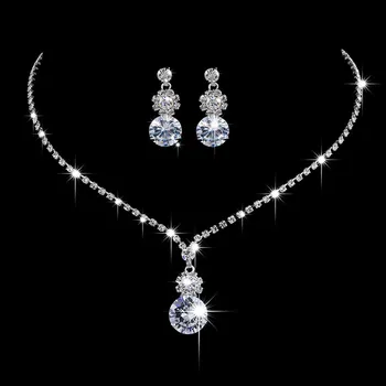 Luxusné Žena White Crystal Šperky Set Kúzlo Striebornej Farbe Svadby Visieť Náušnice Pre Ženy Trendy Kolo Kvetina Náhrdelník Reťazca