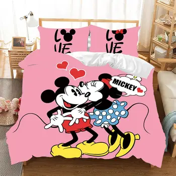 Abstrakt Sivá Love Minnie Mickey Mouse Polyester posteľná bielizeň Nastaviť Perinu obliečky na Vankúše jednoduché Dvojité Kráľovná pre Deti Domova