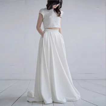 Elegantné Biele Plus Veľkosť Svadobné Saténové Pevné Dlhé Sukne Vysoký Pás Módne Dráhy Vlastné Skladaný Maxi Svadba Jeseň Sukne