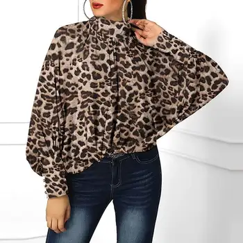 Elegantná Dáma Košele Ženy Tunika s Dlhým Rukávom Vysoká Krku Bežné Topy 2021 VONDA Sexy Leopard Tlač Blúzka S-5XL Plus Veľkosť