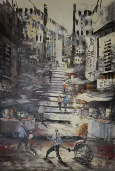Streetscape Hong Kongu, Na Začiatku Dvadsiateho Storočia Ručne Maľované Plátno olejomaľba Umenie Moderný Obraz Obrovský Obraz, Maľba