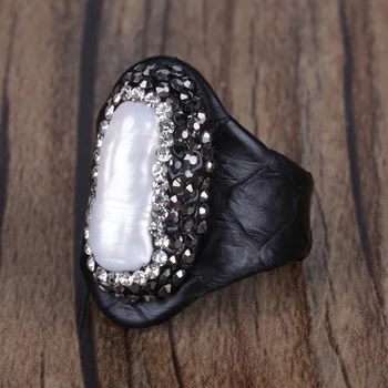 Klasické dlhé surové prírodné sladkovodné perly perličiek pripraviť biela čierna drahokamu v black snake kožené otvoriť krúžok manžety nastaviteľné