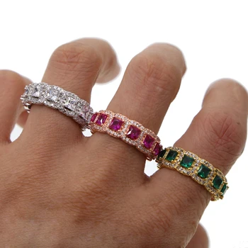 Zlato plný módy, šperkov Red & Green square bageta cz zásnubný prsteň pre ženy farebnými zirkónmi cz kapely krúžok