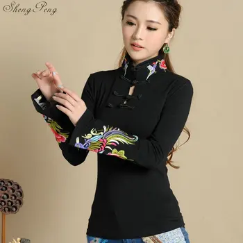 Cheongsam top tradičné čínske oblečenie pre ženy, dlhý rukáv národnej štýl topy pre ženy trend vintage tekutiny Q605