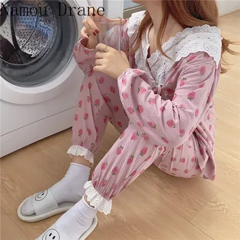 Elegantné Pyžamo Kórejský Sladké Tvaru Roztomilý Jahoda Vytlačené Bavlna Cardigan 2020 Ženy Voľné Bežné Nohavice Domáce Oblečenie Set