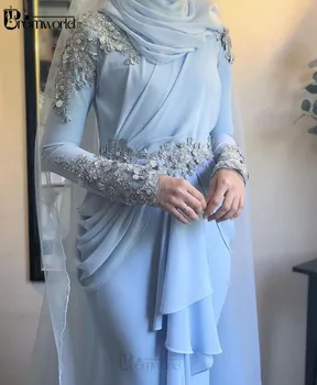 Dubaj Kaftan Arabčina Dlhé Rukávy Formálne Šaty 2020 Korálkové Kvety Šifón Svetlo Modrá Moslimských Večerné Šaty Abiye Gece Elbisesi