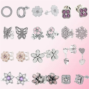 2019 925 Sterling Silver Klasické Autentické Kompaktný Motýľ a kvety Náušnice Dámske Kúzlo, Fashion, DIY Šperky