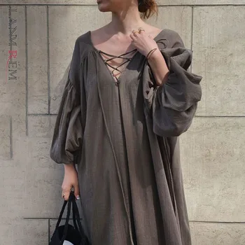 LANMREM Japonský štýl lístkového rukáv a-line módne oblečenie pre voľný čas 2021 jeseň nové krajky-up členok-dĺžka voľné šaty pre ženy 2A918