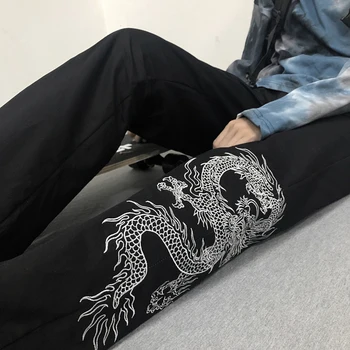 Retro Dragon Vytlačené Nohavice Ženy Harajuku Čínsky Štýl Jeseň Voľné Nohavice Tmavo Streetwear Elastický Pás Rovné Nohavice Unisex