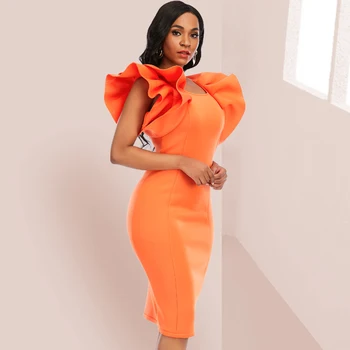 Orange Midi Šaty Prehrabať Plecia bez Rukávov Námestie Krku Módne Novej Strany Bodycon Slim Fit Afriky Plášte Vestido De Mujer 2XL
