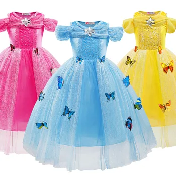 Dievča Kostým Princezná Motýľ Halloween Party Popoluška Zdobiť Deti Modrá Ruža Žltá Fantázie Narodeniny Korunovácie Šaty