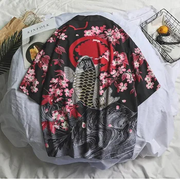 #4203 Lete Mens Kimono Tričko Plus Veľkosť Japonské Kimono Cardigan Vzory Otvoriť Steh Ryby Žeriav Tlač Harajuku Mužov Oblečenie