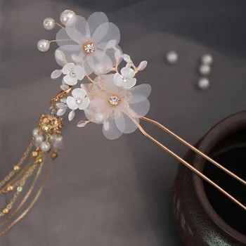 1 ks Nové Retro staré Čínske Tradičné Crystal Korálky Kvety Simulované Perly Dlhý Strapec Vlasy Stick sponky do vlasov Krok Shake
