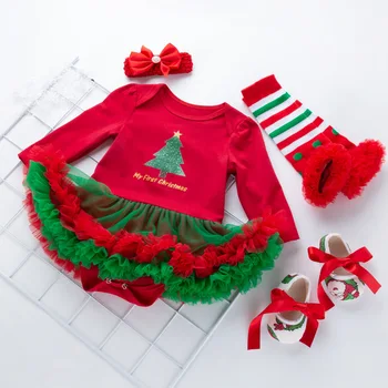 Baby Girl Dress Nastaviť Môj Prvý Vianočný Kostým Tutu Šaty NewbornToddler Dievčatá Oblečenie 4pcs Červená Romper Topánky hlavový most Ponožky