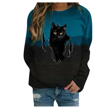 Ženy tričká Osobné Zimné Black Cat Vzor s Dlhým Rukávom s Kapucňou, Teplý Pulóver Plus Veľkosť Dámy Top Priedušná Ropa Mujer