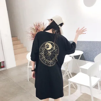 Letné Harajuku T-shirt Ženy-Krátke rukávy Súhvezdí Vzor Dlho Čaj O Voľné tvaru Bežné T-tričko, Biela, Čierna