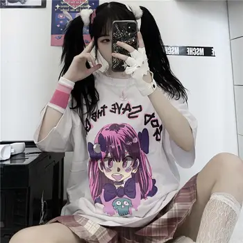 Anime Dievčenskú tlač nadrozmerné oblečenie harajuku Kawaii čierna tmavo medzi nami ženy, t košele Zábavné Japonský femme y2k topy футболки