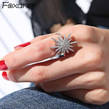 Foxanry 925 Sterling Silver Šumivé Kvety Zirkón Prstene pre Ženy, Nové Trendy Elegantné Svadobné Nevesty Jemné Šperky Dary