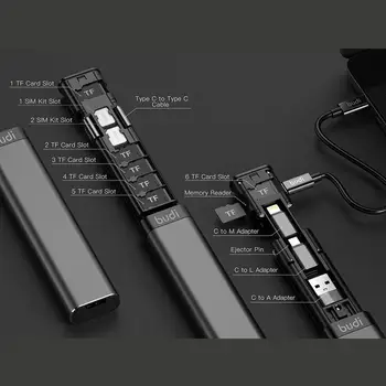 BUDI Multi-funkcia Smart Adapter USB Dátový Kábel Úložný Box Multi-Kábel SIM DRŽIAK Snímača TF Karta puzdro Pre iPhone Huawei Xiao
