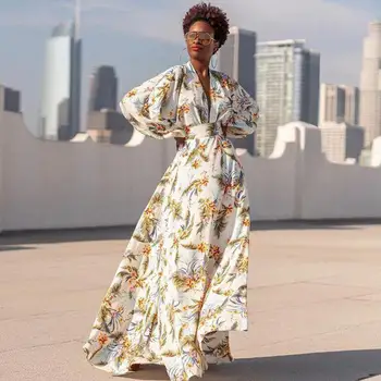 Z-ZOUX Ženy Šaty Hlboko V Krku Vytlačené Bohemia Šaty, Sexy Dlhé Tlač na Kvetinový Maxi Šaty Lístkového Rukáv Kvetinové Šaty na Jeseň 2020