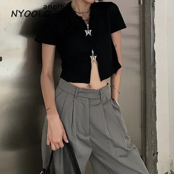 NYOOLO Harajuku motýľ zips krátky rukáv T-shirt ženy oblečenie Letné streetwear turndown golier čierne krátke topy tee top