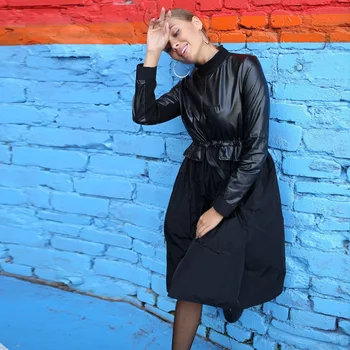 Ženy Vintage Kožené Patchwork A-line Šaty s Dlhým Rukávom Stojan Golier Pevné, Elegantné Oblečenie pre voľný čas 2020 Nové Jarné Módne Šaty