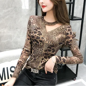 Nové Leopard T-shirt Ženy Diamanty Duté Z Tenký Dlhý Rukáv Oka Topy Tee ropa mujer футболка T9D403Y