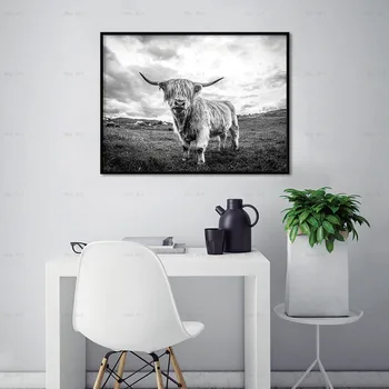 Maliarske Plátno Tlačiť Moderný Obraz Na Stenu Umelecké Diela Highland Krava Čierna Biela Nordic Štýl Plagát Na Obývacia Izba Domova