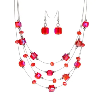 Nový Produkt Hot Pink Krištáľové Kocky Perličky Strieborné Pozlátené Viacvrstvových Náhrdelníky Sady Šperkov Pre Ženy Módne Šperky Veľkoobchod
