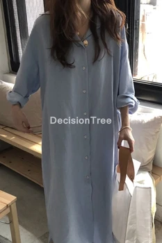 2021 ženy sleepwear bavlna pevné krku tričko dlhý rukáv nightgown dievčatá bežné pohodlné nočné šaty