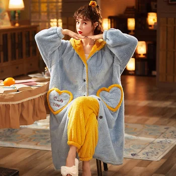 Plus Veľkosť Zimné Pyžamo Intenzifikácia Pyžamá Plyšové Nightgown Nastaviť Voľné Verzia S Kapucňou Ženy Sleepwear Udržať V Teple Stredné Štýl