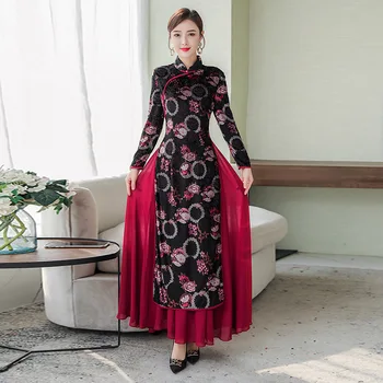 2019 jeseň nové retro šitie tlač dlhým rukávom tenký šaty veľkosť M-3XL kvalitné elegantné oblečenie pre ženy vestidos