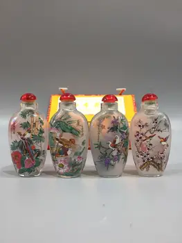 Čínsky Unikátne Maľby šnupavý tabak fľašu vo vnútri maľované štyri kombinácie Vtáky a kvety
