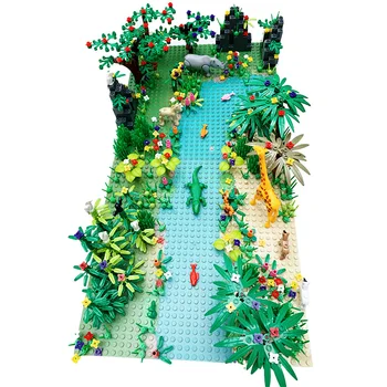 DIY Malých Častíc stavebným Časť Džungľa Scenérie, Nastavte s Doskou pre Stavebný Blok Značiek, montáž blok hračky pre deti