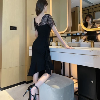 Nový príchod módne bodycon party šaty žien elegantné letné temperament office lady čipky pohľadu black asymetrické šaty