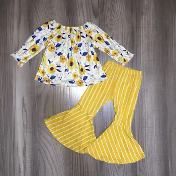 Dieťa Dievča oblečenie dievčatá žlté oblečenie kvetinový raglans s bell spodnej stripe nohavice dievčatá jeseň/zima nastavenie