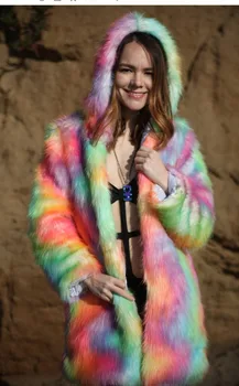 Zákopy Srsti Dámske Rainbow Outwear Zmiešané farby s Kapucňou Kožušiny Chlpaté Vetrovka Ušľachtilý Dlho Teplé Zimné Zahustiť 5Styles