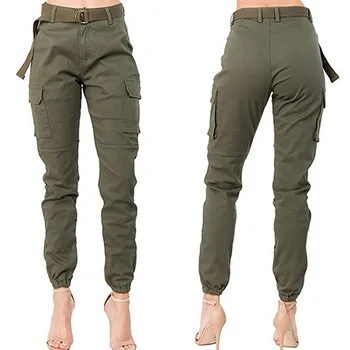 2020 Ženy Vysoký Pás Slim Jogger Farbou Cargo Nohavice S Príslušnými Pás Army Zelená Fitness Tepláky Mujer Pantalones