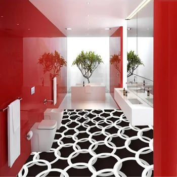 Vlastné Samolepiace Nepremokavé Nástenné Moderné Tapety 3D Čierny A Biely Kruh Geometrický Vzor 3D Podlahy, Maľovanie PVC Nálepky.