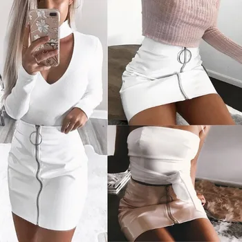 Sexy Ženy Móda Vysoký Pás Zip Faux Kožené Krátke Ceruzka Bodycon Mini Sukne Nové Pevné Biele Sukne