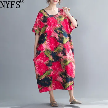 NYFS 2020 Nové Letné šaty Vintage Ženy šaty Bavlna farbenie dlhé Voľné šaty Vestidos Župan Elbise