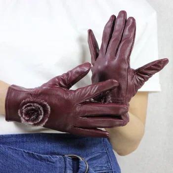 Dámske zimné pravej kože Kvet rukavice lady zahustiť teplá fleece podšívka prírodné kožené rukavice farbou vodičské rukavice