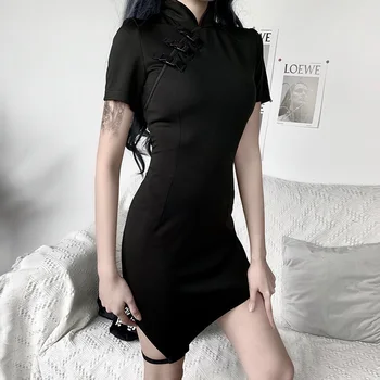 InsGoth Streetwear Ročník Mini Ženy Šaty Gothic Cheongsam Čínsky Štýl Solid Black Sexy Krátke Šaty Letné Party Šaty