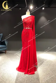 Rýn reálne Obrázky jedného pleca sexy Korálky Crystal Morská panna S šifón šaty arabčina večerné šaty dlhé