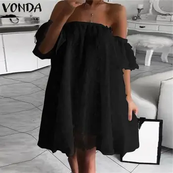VONDA 2021 Letné Vypnutie Ramenný Materskej Šaty Bežné Farbou Strany Mini Šaty České Pláži Sundress Femme Vestidos 5XL