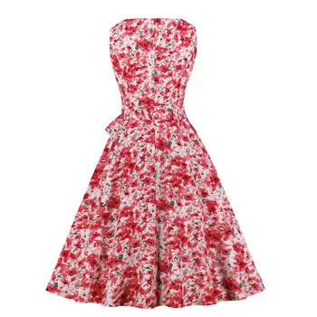 SISHION Plus Veľkosť vintage šaty žena lete nové červené kvetinový tlač šaty bez rukávov dámy big swing podkolienok šaty SP1121