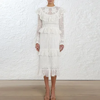 2019 Nové Dorazí Kvalitné Luxusné Biele Čipky Šaty Žien Duté Sa Dlho Svetlice Rukáv O-krku Party Šaty Vestidos DS104