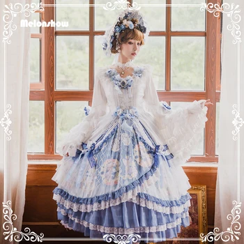 Melonshow Lolita Šaty Plus Veľkosti Ženy White Blue Classic Lolita Sukne OP Viktoriánskej Vintage Žena Šaty Loli Dámske Oblečenie