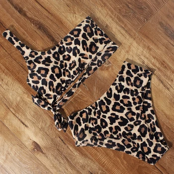 Vysoký Pás Bikini 2020 Leopard Vytlačené Bikiny Žien Tie Dye Vytlačené Plavky Pol Ramenný Plavky Ženy Pevné Letné Plážové Oblečenie