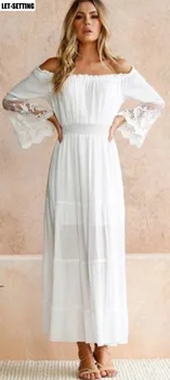 Boho krajky-rukáv šitie šifón dlhé biele maxi šaty rameno sexy ramienok voľné bavlnené letné sundress plážové šaty